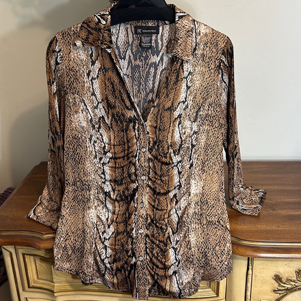 INC Tan Brown Black Gold Metallic Ruched Snake Print Rhinestone Button Blouse